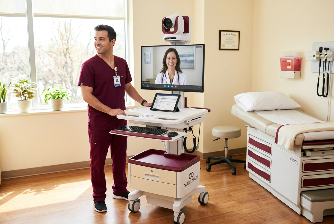 Hospital telemedicine cart with video conferencing display